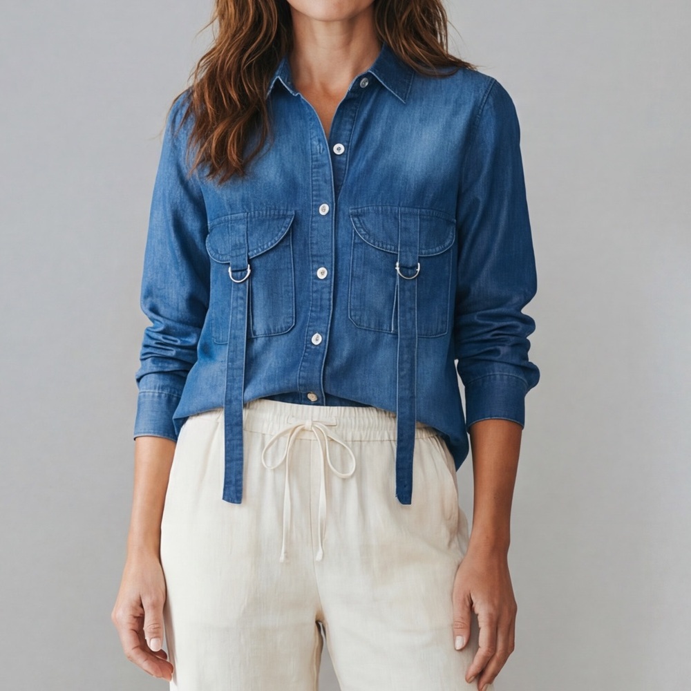 Thrill blue jean button down casual western belted pocket dress shirt 70s vibe